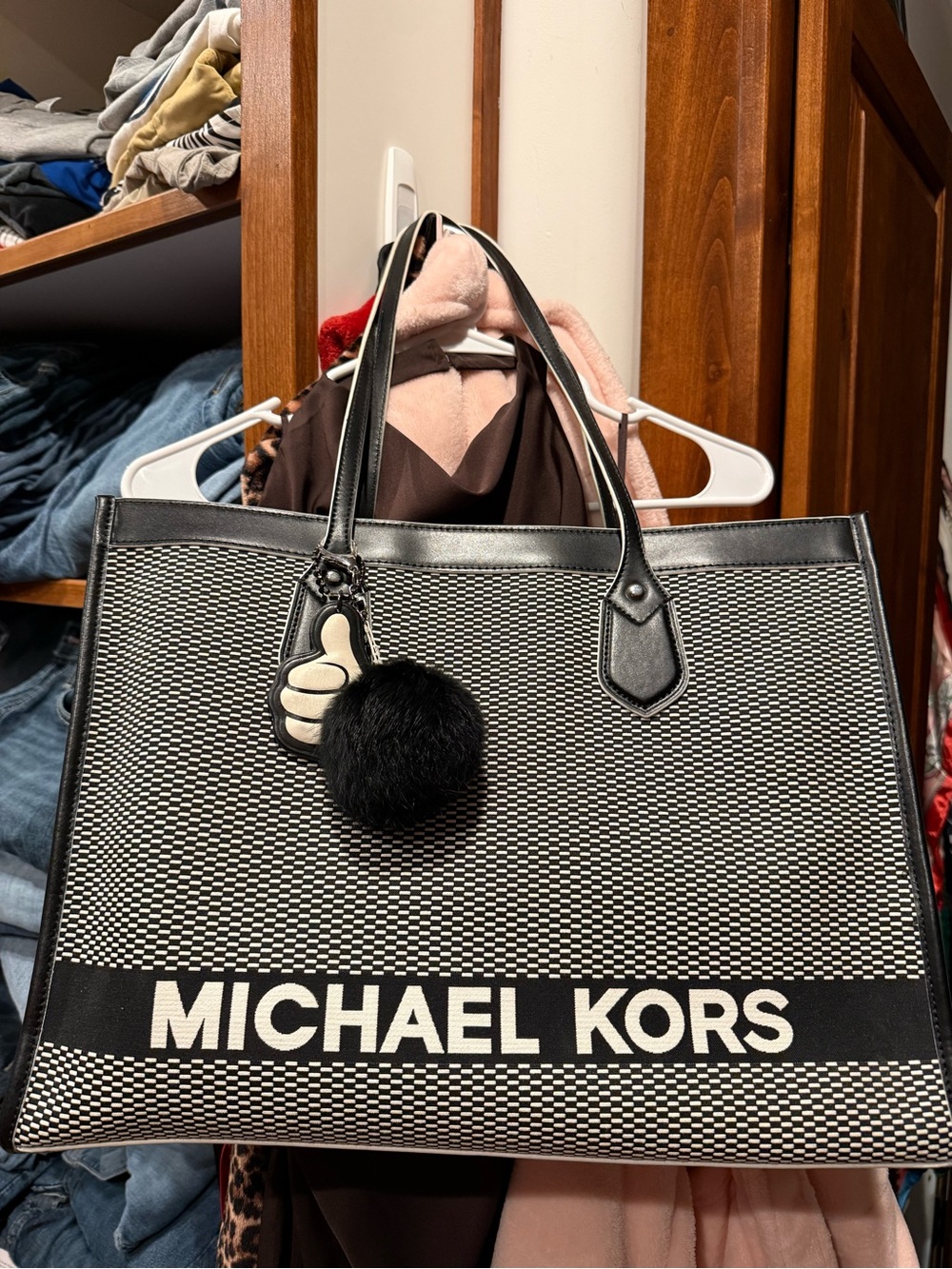 Michael Kors Black & White Logo Tote with Pom Charm